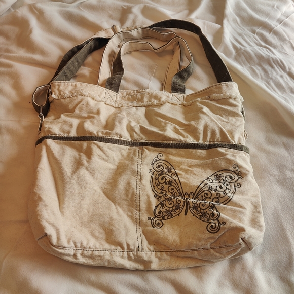 Thirty-One Tan Butterfly Tote Bag – Fall-Ready Carryall with Whimsy Retro Metro - Picture 1 of 6